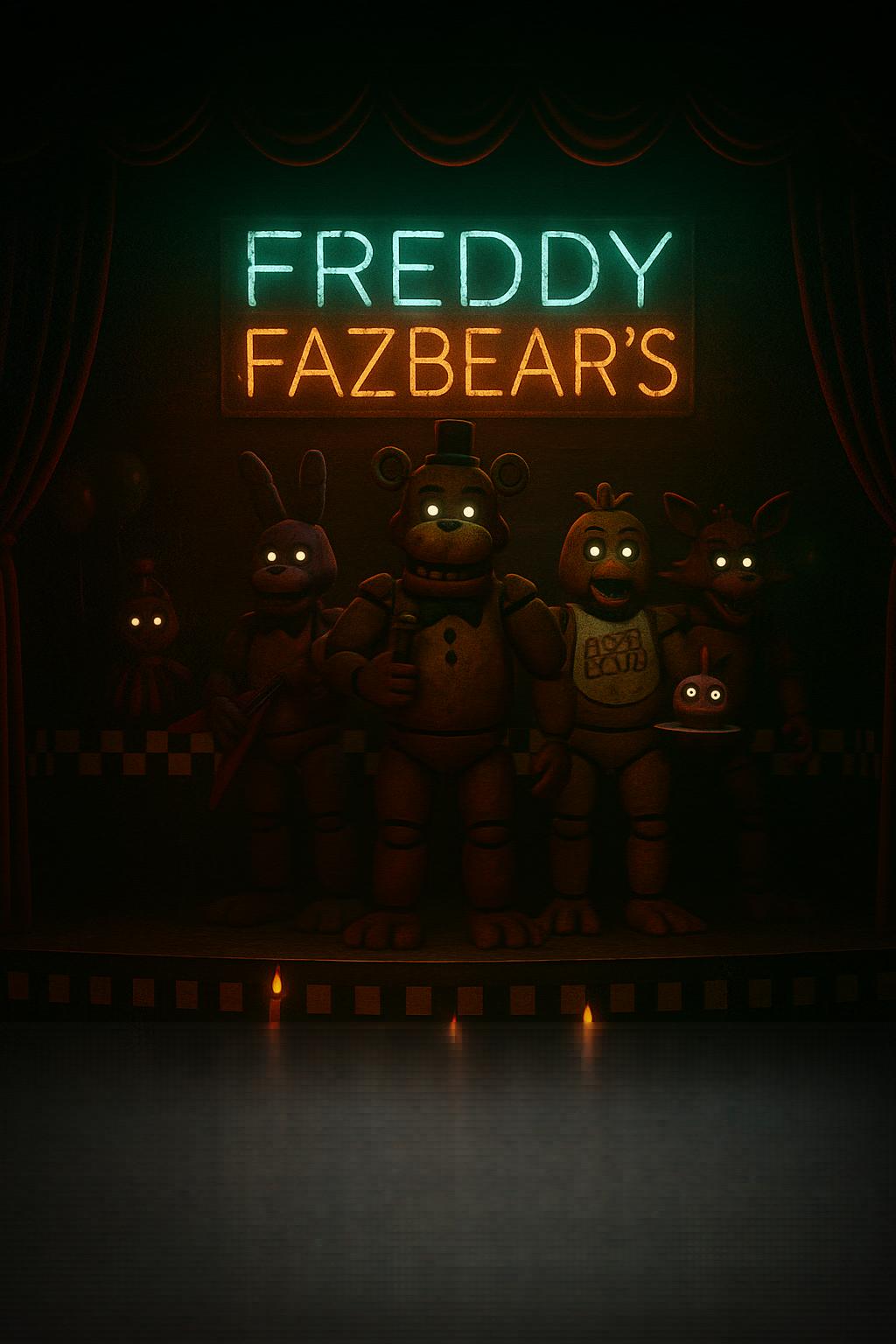 Palco pequeno com letreiro neon e mesas escuras